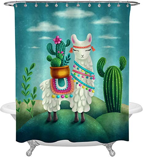 MitoVilla Texas Blossom Cactus Shower Curtain, Cartoon Alpaca with Green Succulent Plant Home Decor, Animal Themed Peru Llama Bathroom Accessories, Birthday Presents for Children, 72 x 78 inches