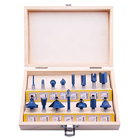 LU&MN Carbide Tipped Router Bit Set, 1/4 Inch Shank T Shape (15 Piece Kit), Wood Milling Saw Cutter (Woodworking Tools for Home Improvement and DIY) (15-Piece Blue)
