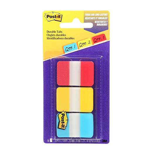 Post-it Tabs, 1 in, Solid, Red, Yellow, Blue, Durable, Writable, Repositionable, Sticks Securely, Removes Cleanly, 22 Tabs/Color, 66 Tabs/On-The-Go Dispenser, (686-RYB)