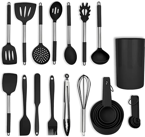 Silicone Kitchen Utensils Set - Culinary Couture 24-Pieces Black Silicone Cooking Utensils Set for Nonstick Cookware - Silicone Spatulas Set, Stainless Steel Handle & Other Kitchen accessories
