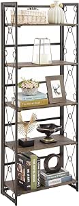 VECELO Folding Bookshelf, 5-Tier Bookcase Foldable, Industrial Tall Book Shelf Storage Organizer with Collapsible Metal Frame for Living Room/Home Office,Light Brown,1 Set