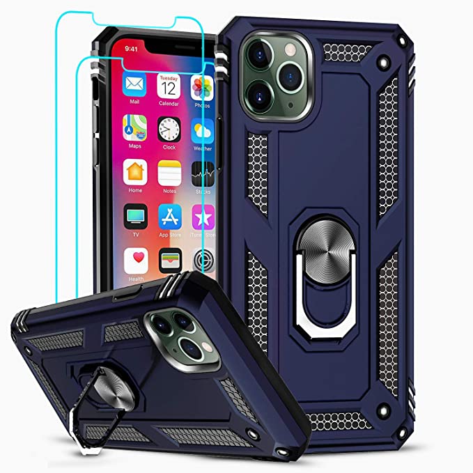 LeYi Compatible with iPhone 11 Pro Case with [2Pack] Tempered Glass Screen Protector, [Military-Grade] Protective Phone Cover Case with Magnetic Mount Ring Kickstand for iPhone 11 Pro 5.8 inch, Blue