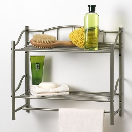 Bathroom Double Wall Shelf Organizer with Towel Bar Brushed Chrome Pearl Nickel