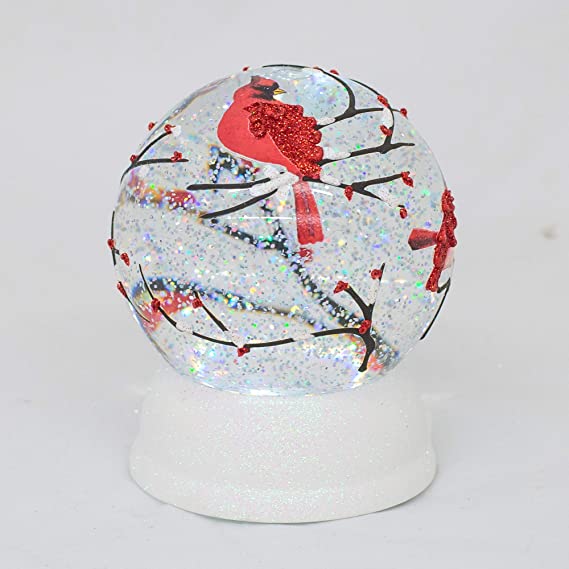 Red Cardinals on Tree Branch LED Light 6 Inch Round Christmas Glitter Globe
