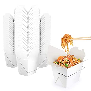 Takeout Food Containers with Handle 8 Oz White Microwaveable Mini Chinese Take Out Box (50 Pack) Leak and Grease Resistant Stackable to Go Boxes - Recyclable Food Containers - Party Favor Boxes