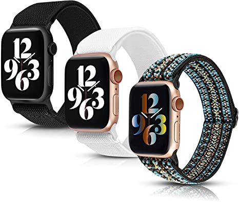 Moolia 3 Packs Stretchy Nylon Loop Compatible with Apple Watch Band 38mm 40mm 41mm Women, Adjustable Soft Elastic Strap Sport Men for iWatch Series SE 7 6 5 4 3 2 1, Black/Bohemia Blue/White