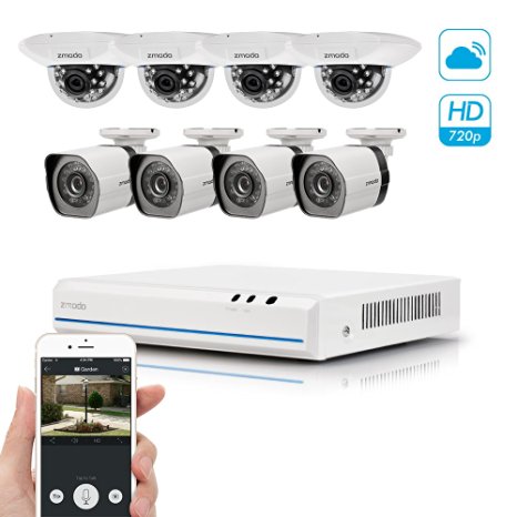 Zmodo 8CH Smart PoE Surveillance Camera System 4 x720P Outdoor   4 x720P Indoor Dome Security Camera No Hard Drive