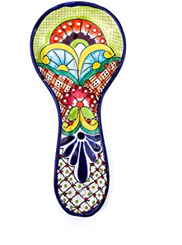 Unique Hand Painted Large Talavera Ceramic Spoon Rest for Mexican Style Kitchen Decor Accesories Colorful Green Floral Design Utensil Holder