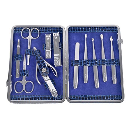 ETTG All in 1 Stainless Steel Personal Manicure Pedicure Ear Pick Nail-clippers Set Travel Grooming Kit Travel & Grooming Set Personal Care Tools with Leather Case (12 pcs-mini pack)