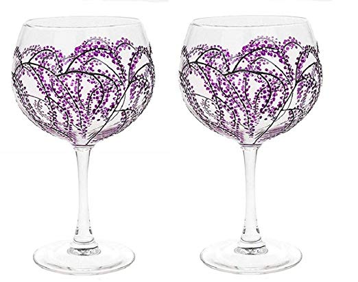 Pair of Large Balloon Glasses Gin and Tonic Sunny By Sue Japanese Garden Purple/White Blossom