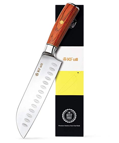 KFull Kitchen Knife-7inch Santoku High Carbon Steel Chef's Gift Box,Quality Warranty,Razor Hollow Edge Pro Sharp Knife