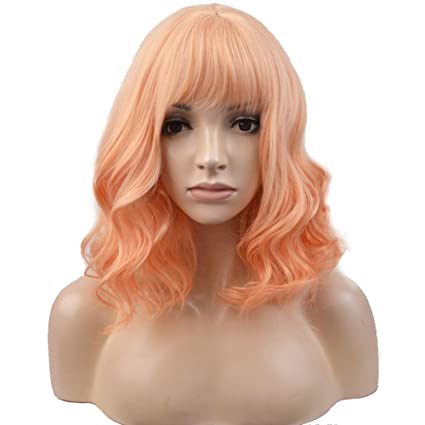BERON 14'' Short Curly Women Charming Synthetic Wig with Bangs Wig Cap Included (Light Orange)