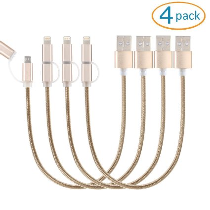 [4 Pack, 2-in-1] EReach 1 FT Lightning and Micro USB Nylon Braided High Speed Charge and Sync Cable Cord for iPhone 6s Plus/6s/6 Plus/6/5s/5c/ 5, iPad, iPod, Samsung, HTC, Nokia and More (Gold)