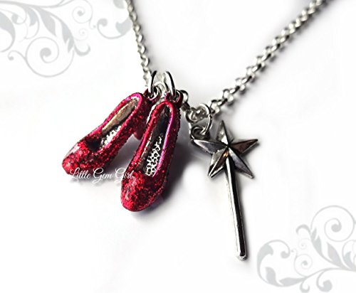 Wizard of Oz Ruby Slipper Necklace with Glinda's Magic Wand - Super Sparkly Dorothy's Red Slipper Charm Necklace - Red Shoes