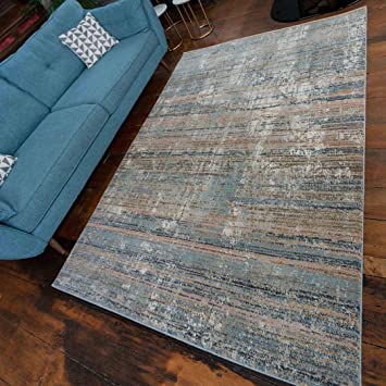 Modern Beige Navy Blue Distressed Painterly Abstract Living Room Rug Super Soft Low Pile Bedroom Hall Lounge Carpet Area Rug 80cm x 150cm