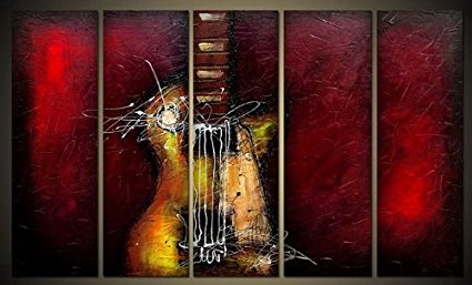 Wieco Art - Guitar Passion Large Modern 5 Panels 100% Hand Painted Framed Abstract Music Oil Paintings on Canvas Wall Art Ready to Hang for Living Room Bedroom Home Office Decorations 5 pcs/set