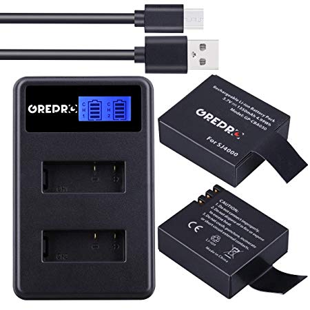 Grepro SJ4000 Replacement Battery (2Pack) and USB LCD Dual Channel Charger for SJCAM SJ4000 SJ5000 SJ5000x SJ6000 SJ7000 SJ8000 SJ9000 WiFi SJ M10