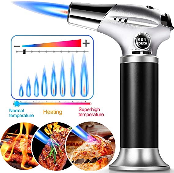 Butane Torch, Culinary Butane Blow Torch,Refillable Blow Torch Lighter with Safety Lock and Adjustable Flame for Crafts Cooking BBQ Baking Brulee Creme Desserts DIY Soldering(Butane Gas Not Included)