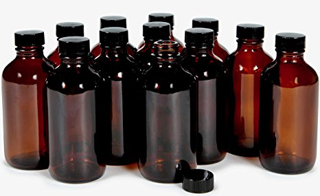 Vivaplex, 12, Amber, 4 oz Glass Bottles, with Lids