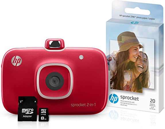 HP Sprocket 2-in-1 Portable Photo Printer & Instant Camera Bundle with 8GB microSD Card and Zink Photo Paper – Red (5MS97A)