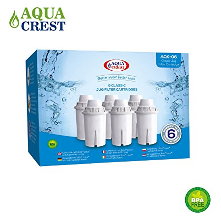 6 x AquaCrest AQK-06 Water Jug Filter Replacement for Brita Classic, Laica Classic, PearlCo Classic, Dafi Classic, Kenwood Universal/Hydrology, Mavea 107007