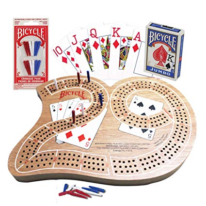Cribbage Board Game set 29 with Bicycle Playing Cards and Extra Cribbage Pegs