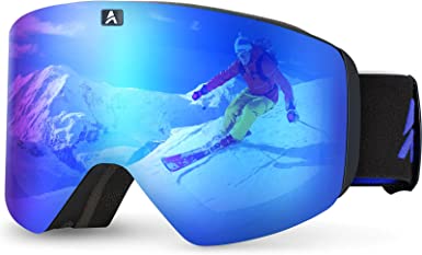 Ski Goggles, 100% UV Protection OTG Ski Snow Goggles, Anti-Fog Snowboard Goggles Magnetic Detachable Lens for Adult, Men, Women & Youth