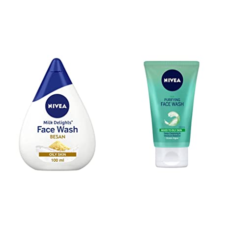 NIVEA Women Face Wash for Oily Skin, Milk Delights Besan, 100 ml and NIVEA Women Purifying Face Wash, for Oily Skin, 150 ml