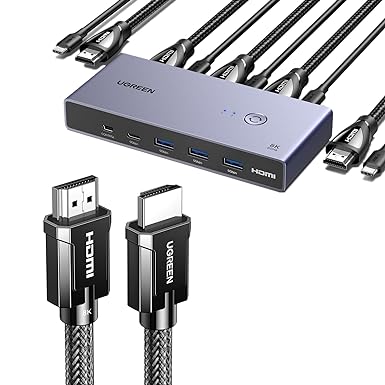 UGREEN 8K@60Hz HDMI KVM Switch with 4 USB 3.0 Ports (3 USB-A   1 USB-C) USB Switch for 2 Computers Share 1 Monitor Bundle with 8K HDMI 2.1 Cable Certified 6.6FT