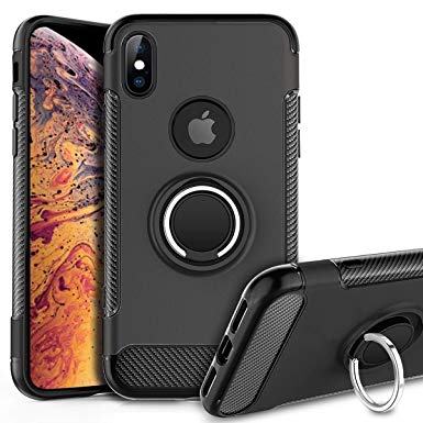 Black iPhone Xs Max Case with Kickstand,GREATRULY Heavy Duty Dual Layer Rugged Armor Phone Case for Apple iPhone Xs Max 6.5 Inch,Hard Shell   Shockproof TPU   Ring Stand Fits Magnetic Car Mount,KS-A