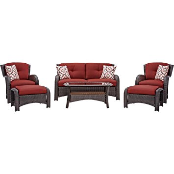 Hanover Strathmere 6-Piece Outdoor Deep-Seating Lounge Set, Rich Brown/Crimson Red