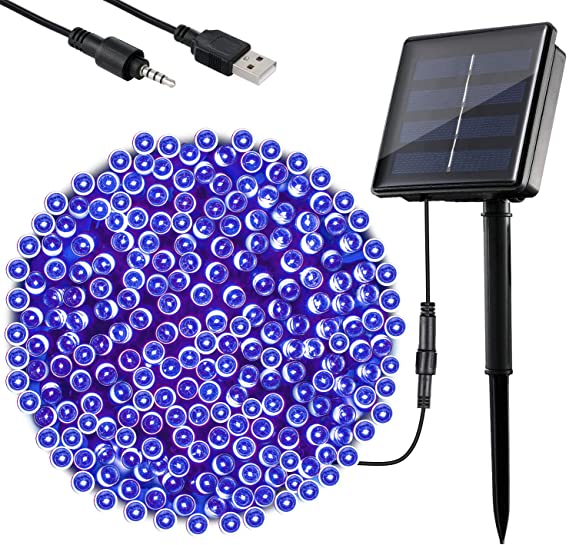 Solar Fairy Lights, OxyLED 72ft 200LED Blue Outdoor Fairy Lights Solar Powered/USB Plug-in Christmas Lights 8 Modes Waterproof Solar String Lights for Trees, Patio, Wedding, Hallween, Christmas