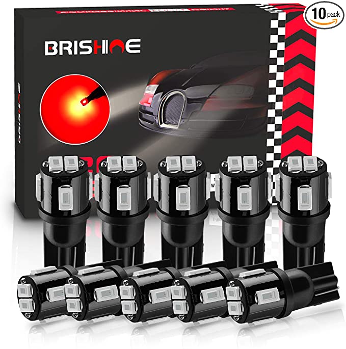 BRISHINE 194 LED Bulbs Extremely Bright Brilliant Red 5630 Chipsets 168 2825 175 T10 W5W LED Replacement Bulbs for Interior Map Dome Courtesy Door License Plate Lights(Pack of 10)