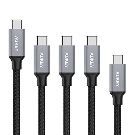 AUKEY USB Type C Cable to USB 3.0 A [ 5 Pack: 1M*3   2M*1   0.3M * 1 ] Nylon Braided Data Sync and Charging USB C Cable for MacBook Pro 2016, Nexus 6P, OnePlus 3, HUAWEI P9 and other USB C Supported Devices Black