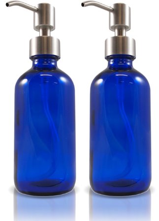 8oz Cobalt Glass Boston Round Bottles with Stainless Steel Pumps Great As Glass Essential Oil Bottles Glass Lotion Bottles Glass Soap Bottles and More 2 Pack