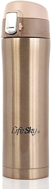 LifeSky Stainless Steel Insulated Travel Coffee Mug, Double Wall Vacuum Insulated Water Bottle, BPA Free Flip Cap for 1-Hand Operation 16 oz (Champagne)