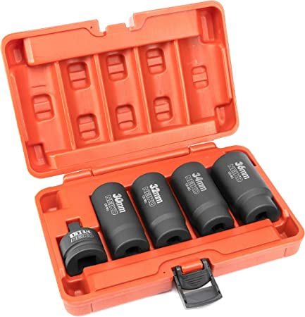 NEIKO 02530A 5 Piece 12 Point Socket Set 1/2” Drive, Lug Nut Remover, Spindle Nut Socket, Axle Nut Socket Set, Metric 30mm - 36mm Socket 1/2 Drive Impact Set, Cr-Mo Impact Adapter, 3/4" -1/2” Reducer