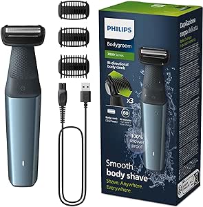 Philips BG3027/03 Afeitadora Corporal Masculina, Bodygroom Serie 3000, Impermeable, con 3 Peines-guía, 60 min de Autonomía, Azul/Negro