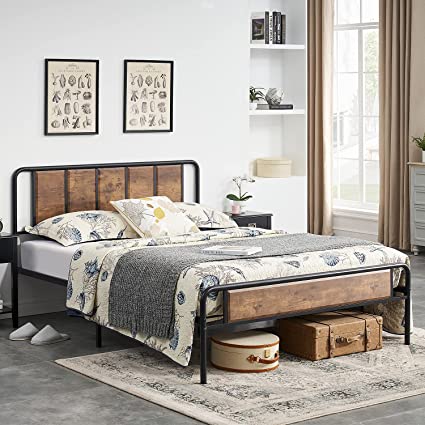 VECELO Bed Frame with Wooden Headboard Metal Slats, High Metal Platform Bed, No Box Spring Needed (Queen, Rustic Brown)