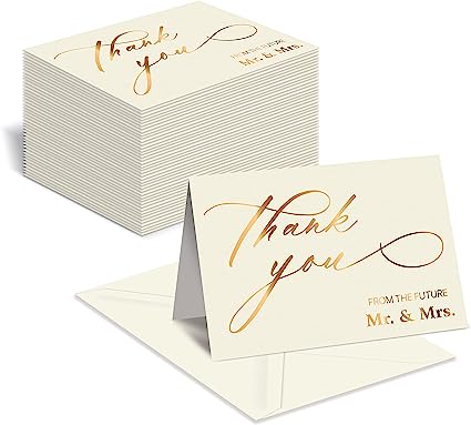 Better Office Products 50 Pack Wedding Engagement Thank You Cards in Metallic Gold with Envelopes, 4 x 6 Inch, Wedding Shower Thank You From The Future Mr and Mrs, Blank Cards, 50 Count Boxed Set