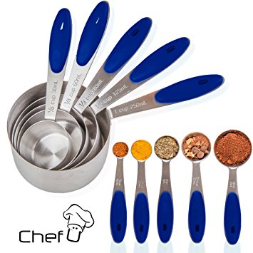 Chef U Stainless Steel Measuring Cups and Spoons, Set of 10, Premium Quality Engraved Metric US Liquid Measurement, Rust Proof, Food Grade Soft Silicone Grip, Nested Stackable Kitchen Tools (Blue)