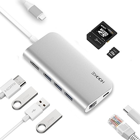 tesha USB-C Hub with HDMI, 3 USB 3.0 Ports, Type-C Power Delivery Throughput Port, Gigabit Ethernet Adapter, SD/Micro Card Reader for MacBook Pro, ChromeBook, Dell XPS 13 and More (Silver)