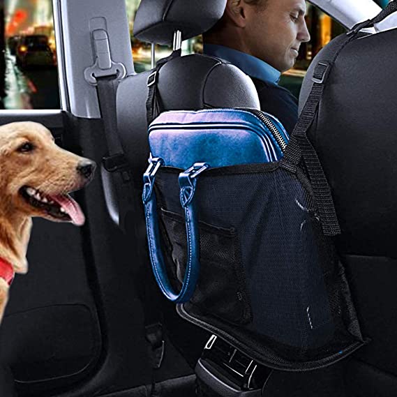 Car Net Pocket Handbag Holder, Auto Mesh Organizer, Driver Storage Netting Pouch Bag on Back, Helps as Dog Barrier, Attaches to Headrest Handbag Holder (Upgrade, Black)