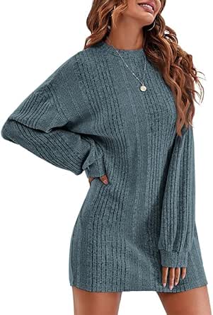 Ekouaer Women Nightgowns Long Sleeve Ribbed Knit Night Shirts Crew Neck Sleepwear Soft Sweater Dress