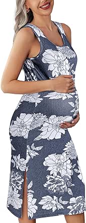 Ekouaer Women's Maternity Dress Rib Knit Sleeveless Tank Side Slit Bodycon Dresses Pregnancy Clothes S-XXL