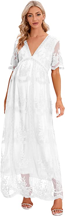 ZIUMUDY Maternity Floral Lace V Neck Wedding Dress Short Sleeve Maternity Long Dress for Photoshoot Baby Shower