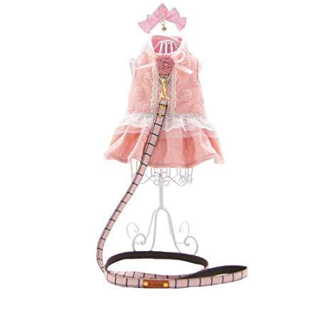 FLAdorepet 3Pcs Pink Flower Dog Dress Harness with Matching Leash Set Small Dog Pet Cat Clothes Shirt Costume Dog Skirt,Dress,Hair Bow