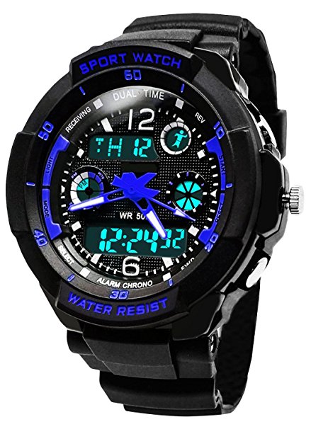 Kids Digital Watches for Boys, Childrens Outdoor Sports Analogue Watch with Alarm/Timer/EL Light, Teenagers Electronic Wrist Watches with 5ATM Waterproof/Shock Resistant for Junior Boy - Blue by BHGWR
