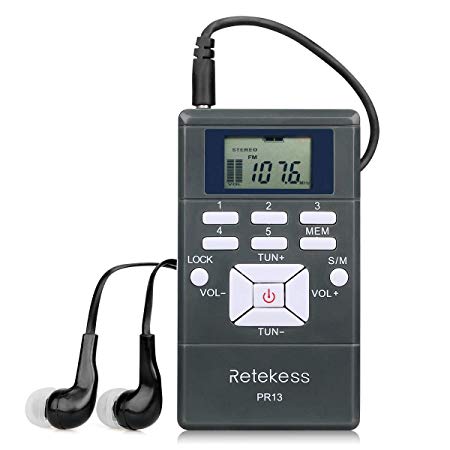 Retekess PR13 Portable FM Radio FM Receiver with Earphones Mini Stereo AAA batteries LCD Display for Walk Translation Tour Guide System Church (Gray)