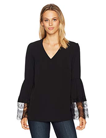 Nine West Women's V Neck Crepe Blouse With Lace Combo Sleeves